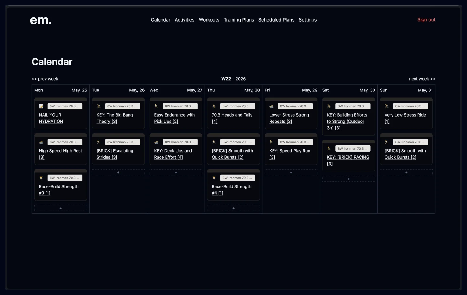 EnduranceMate calendar showing scheduled workouts on a weekly calendar.