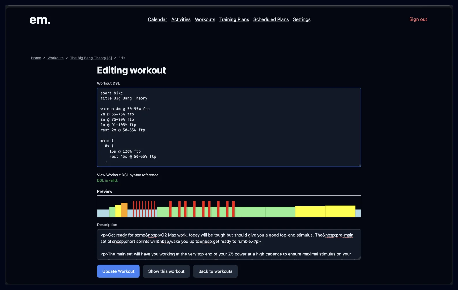 EnduranceMate workout authoring screen for a structured bike workout.
